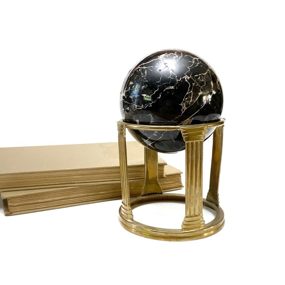 Vintage Black Marble Sphere Ball Orb on Neoclassical Brass Stand Pedestal